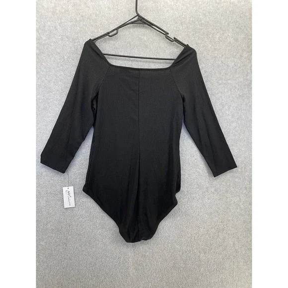 NY Collection Women's Bodysuit Ribbed 3/4 Sleeve Solid Black Medium - Picture 2 of 13